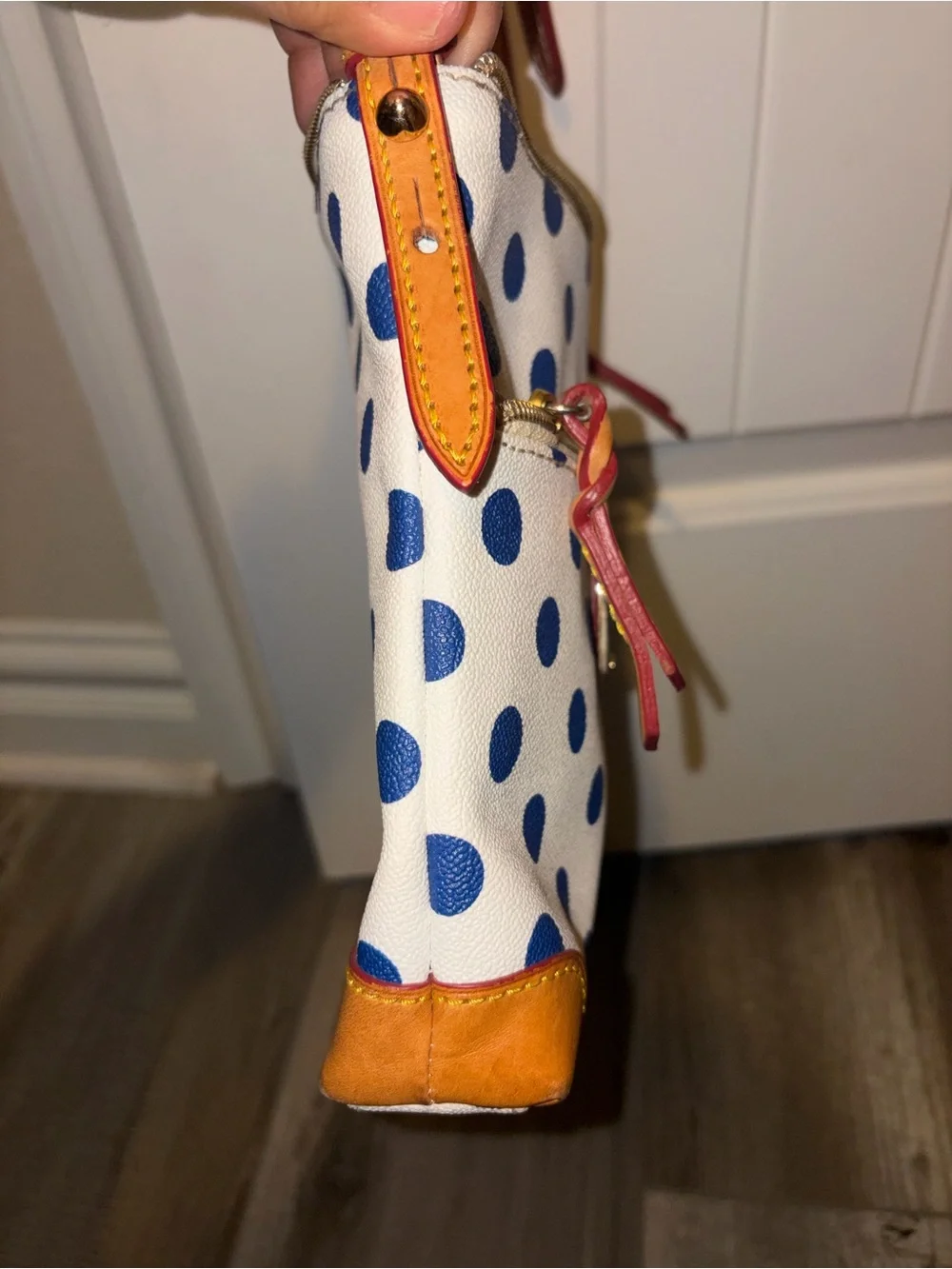 Dooney & Bourke White Navy Polka Dot Crossbody with Tan Trim
